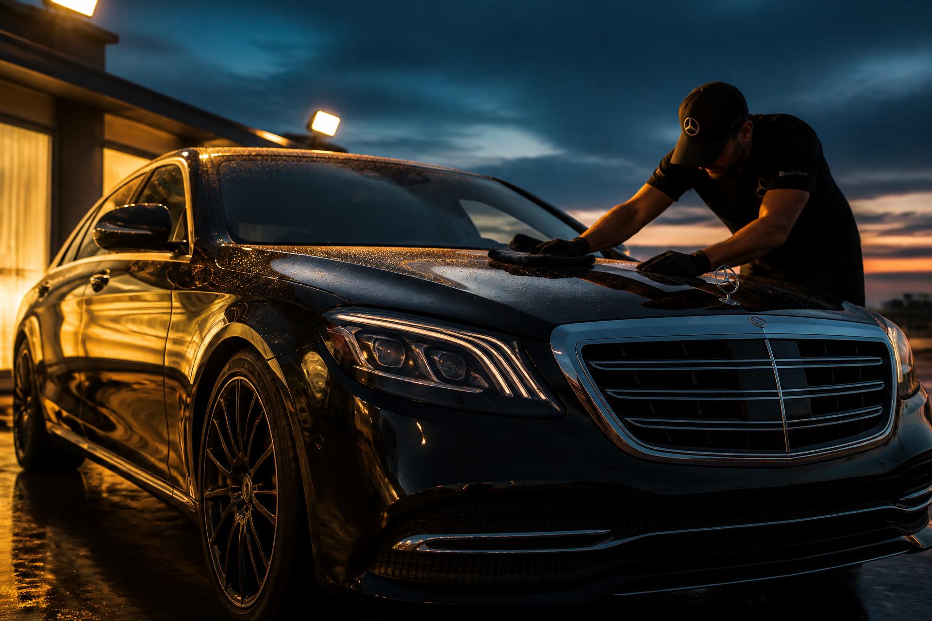 Detailer polishing a luxury black sedan at dusk